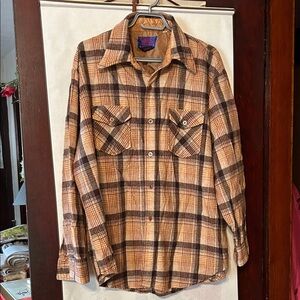 Vintage Ponderosa Tan & Brown Plaid Wool Blend Shirt Jacket, man’s XL